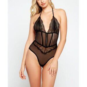 NWT L  ICollection Gwen Lace and Striped Mesh Lace up Bodysuit Lingerie - Black